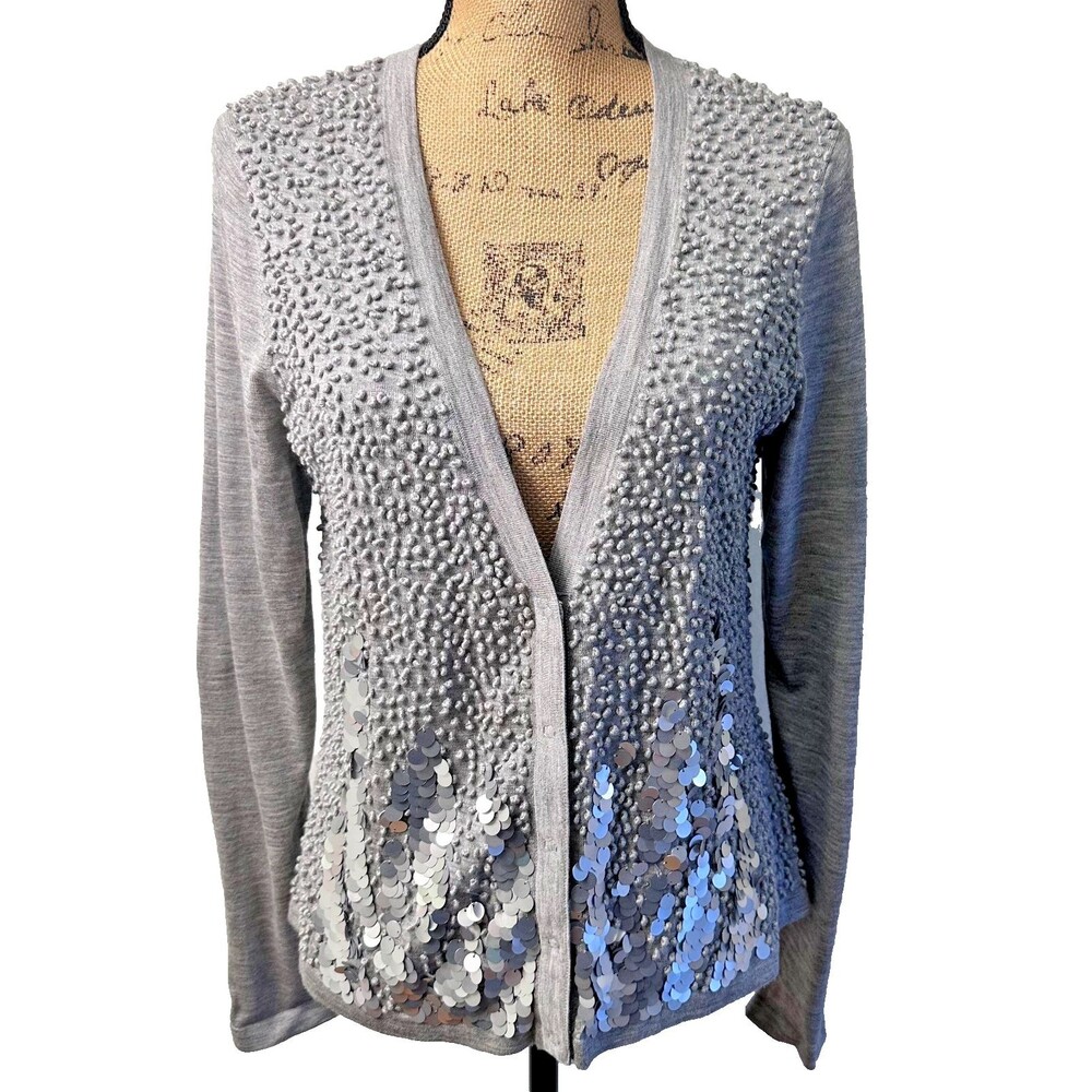 St. John Couture Gray Wool Silk Cashmere Sequin Embellished Cardigan Sz S NWT